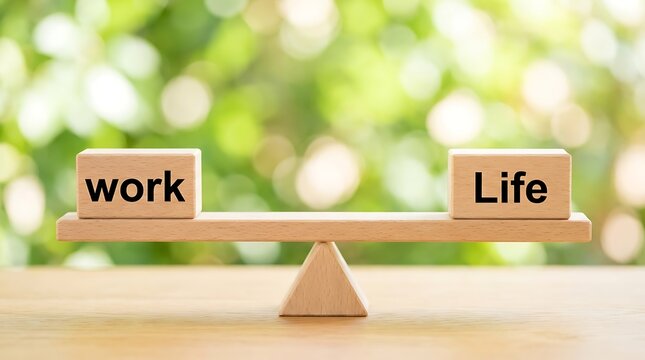 Wooden blocks with 'work' and 'life' words perfectly balanced on wooden seesaw, symbolizing balance on blurred green background.