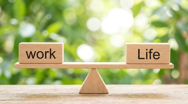 Wooden blocks with 'work' and 'life' words perfectly balanced on wooden seesaw, symbolizing balance on blurred green background.