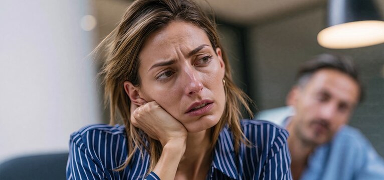 In a corporate meeting, a stressed businesswoman is seated amid a tense, high-pressure environment, highlighting workplace anxiety.