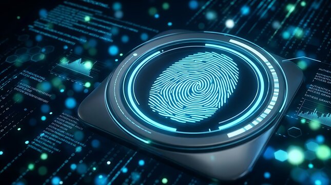 Glowing blue digital fingerprint scanner icon on a high tech computer circuit board background for security concept