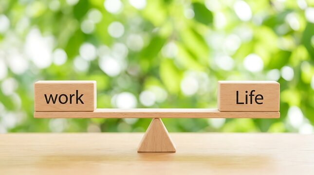 Wooden blocks with 'work' and 'life' words perfectly balanced on wooden seesaw, symbolizing balance on blurred green background.