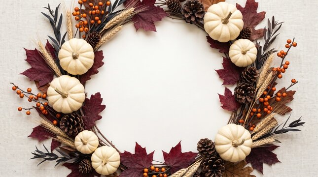 Autumn wreath with pumpkins and leaves, halloween concept, copy space