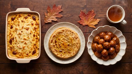 Fototapeta premium Top view of a festive autumn dinner table with casserole pie and sweet bread on wooden background