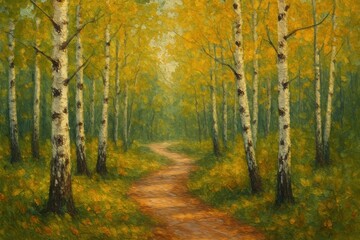 Naklejka premium Serene autumn forest path painting.