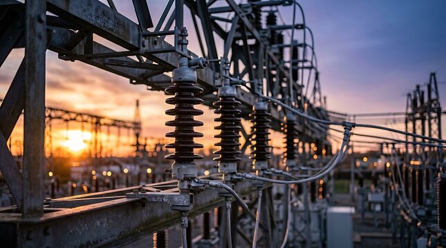 High voltage electric power substation equipment with metal towers and insulators against a colorful sunset sky