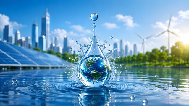 Splash of water drop containing earth reflection with solar panels and wind turbines in modern eco city