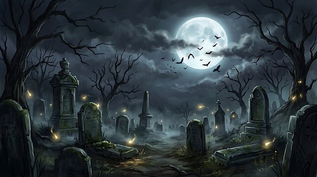 Spooky graveyard with old tombstones and a large full moon in a dark night sky with flying birds and glowing lights