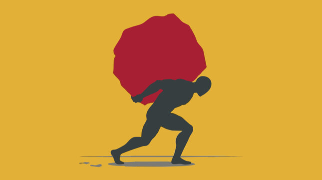 Silhouette of a person carrying a heavy red rock, representing burden and struggle