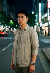 Fototapeta premium Urban loneliness and mental health, pensive man standing alone on a city street at night with blurred lights and metropolitan atmosphere in the background