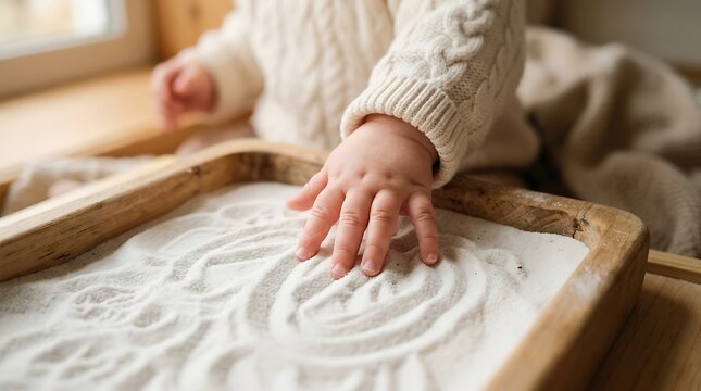 Little child hand drawing patterns in a wooden sand tray for creative play and sensory learning activity at home