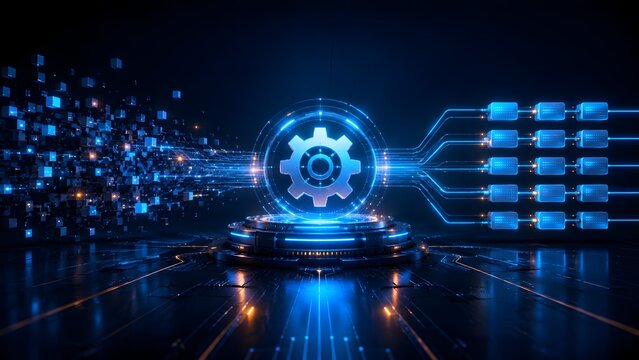Glowing digital gear transforming fragmented data blocks into structured network nodes representing automated system optimization