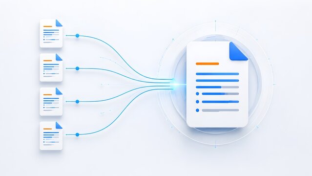 Multiple digital document icons flowing into a central hub to create a single consolidated file representing automated data merging