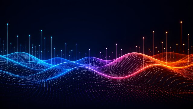 Futuristic glowing particle wave landscape with digital network nodes and data visualization concept in blue and orange neon colors.