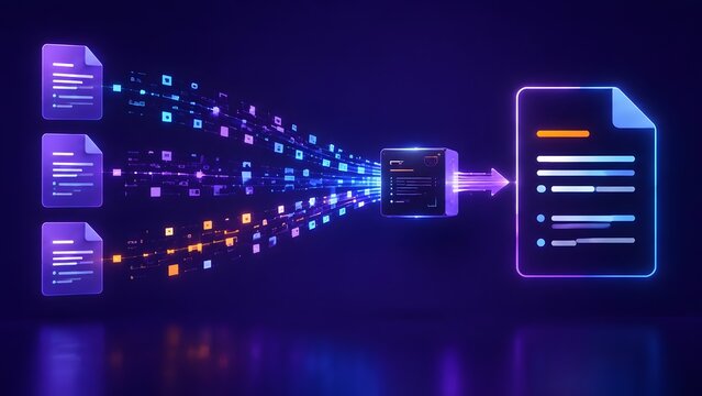 Glowing digital documents transferring fragmented data through a processing cube to generate a consolidated file representing advanced system algorithms