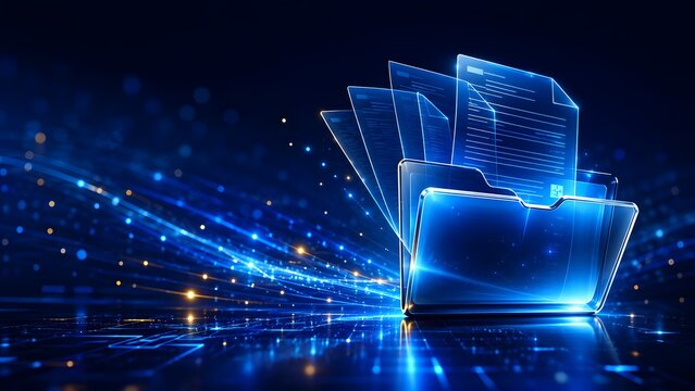 Glowing digital folder organizing translucent data documents representing high speed cloud storage and electronic file administration