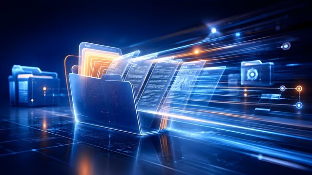Glowing digital folder moving at high speed across a cyber network representing rapid data transfer and real time file synchronization