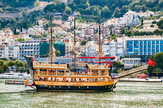 Alanya, Turkey &ndash; april 12, 2025: pleasure passenger ship Black Admiral in water area of port