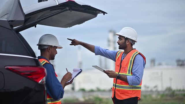 Engineers wearing safety gear, including hard hats examining survey tablet standing industrial facility gas or oil refinery engaged in a job requires high safety standards concept.	