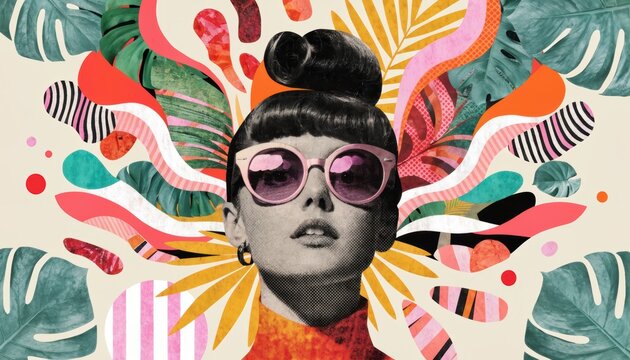 Retro pop art inspired portrait of a woman wearing oversized sunglasses with colorful abstract tropical background and bold patterns
