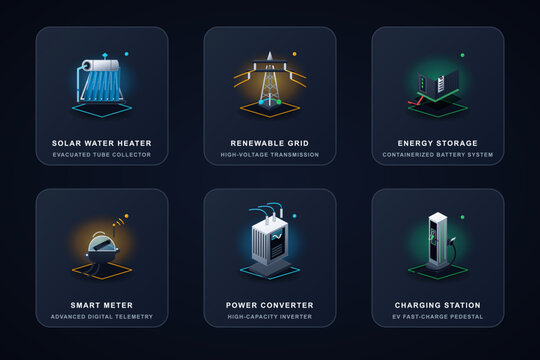 3D isometric icon set displaying sustainable power solutions like solar water heaters and smart meters with isometric sustainable technology collection electricity converter charging renewable