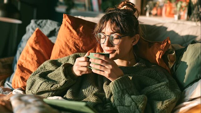 A young woman relaxing comfortably on a bed with colorful pillows, holding a green coffee cup and reading from a green e-reader in a cozy bedroom interior, morning lifestyle, peaceful moment, aestheti