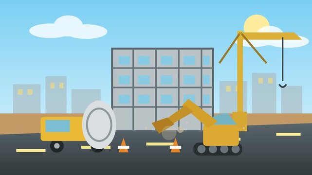 Construction site animation featuring a moving crane and yellow digger working on a new urban building project video motion clip