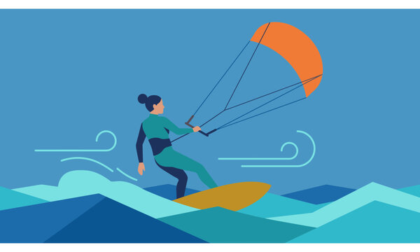 Kite surfing woman riding blue ocean waves minimalist vector design