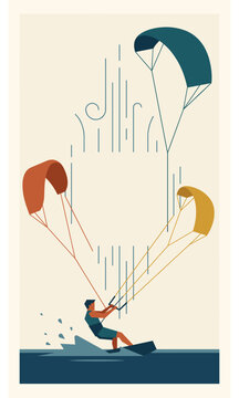 Kite surf athlete riding ocean waves minimalist vector illustration