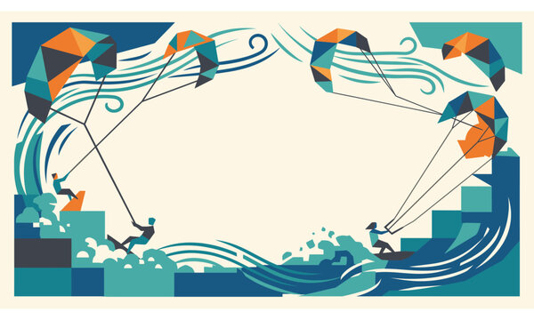 Kitesurfing and surf adventure in geometric vector illustration style