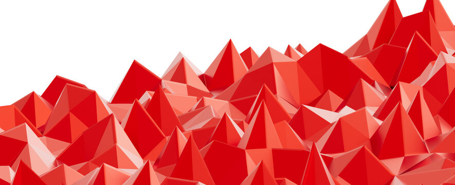 Vibrant red geometric polygons form a sharp, abstract 3D landscape against a dark background.