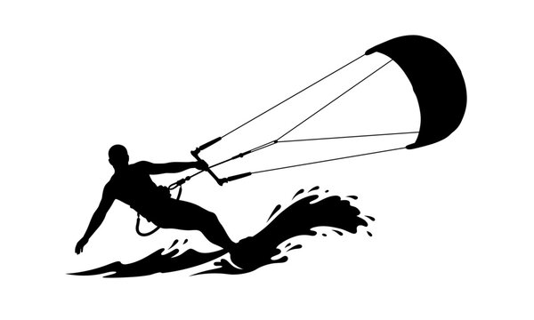 Athlete kite surf silhouette riding ocean waves on white background