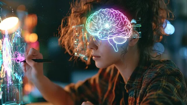 An artist creating digital artwork with a vibrant glowing brain hologram projecting abstract color fields, design wireframes, and creative interfaces, immersive technology in a modern studio, digital 