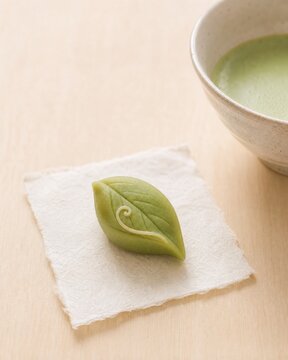 若葉をかたどった抹茶色の上生菓子と抹茶、初夏の和菓子