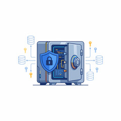 Fototapeta premium Data Protection Concept Flat Vector Illustration with Biometric Digital Vault and Shield Lock