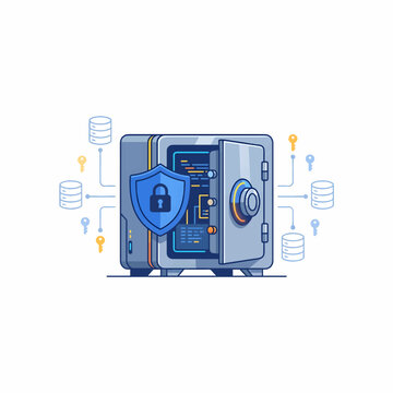 Data Protection Concept Flat Vector Illustration with Biometric Digital Vault and Shield Lock