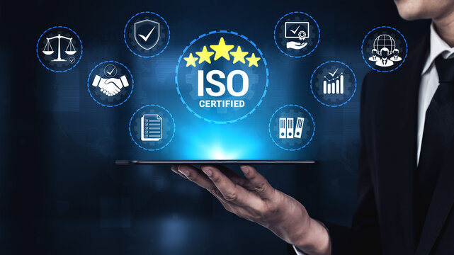 Business professional presenting ISO certified concept with icons representing quality assurance, trust, standards, and verification in a digital style, suitable for stock images. Glyphic.
