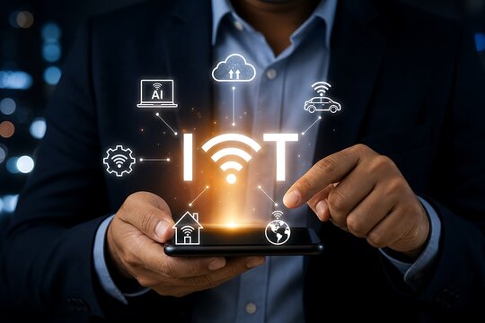 Hands holding smartphone with glowing iot symbol and connected device icons