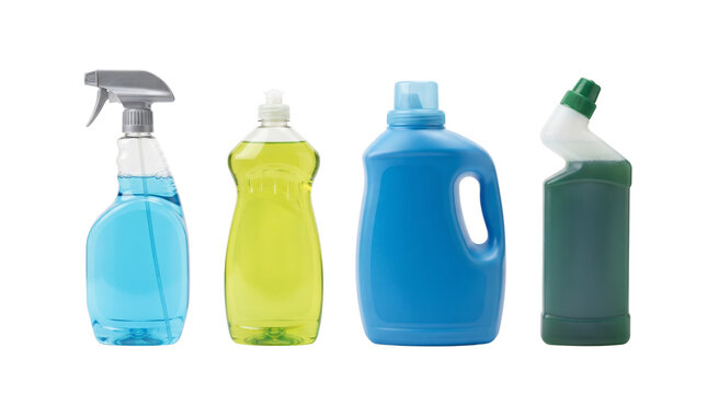 Household cleaning supplies collection, plastic bottles with detergent and spray, assortment of chemical cleaners on white background