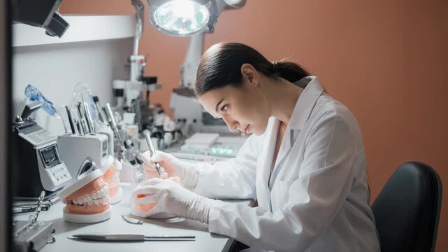 Female dental technician working on artificial teeth model in laboratory. Professional dentist examining dentures with tools at workbench. Medical healthcare concept