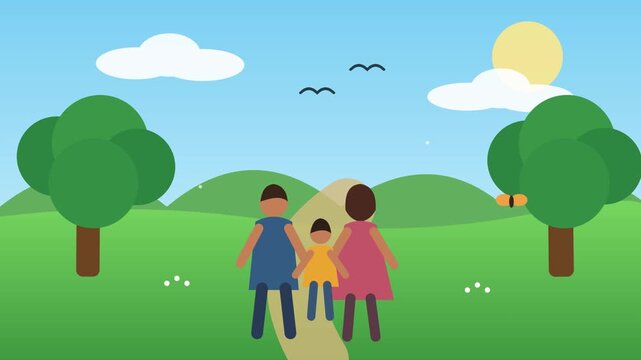 Happy family walking together through a bright green park landscape animation video showcasing stylized motion and cheerful outdoor sunshine scenery
