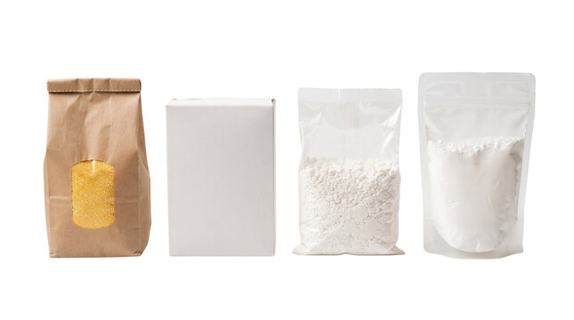 Minimalist food packaging mockup set, blank paper bag and white box, transparent plastic pouches with powder on white background