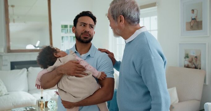 Senior, child and dad with adult son in home for parenting advice, comfort or bonding together. Elderly, kid and father talking with happy man, love or support for parenthood, help or care in house