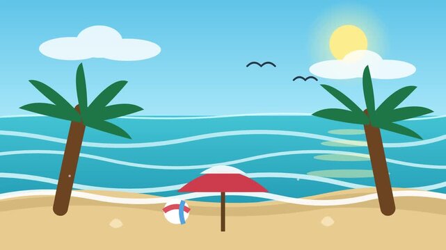Tropical beach landscape featuring rolling ocean waves and sunny skies in a flat design style digital animation video motion clip