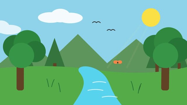 Scenic flat vector animation footage showing peaceful flowing river through green mountains under bright yellow summer sun motion background clip