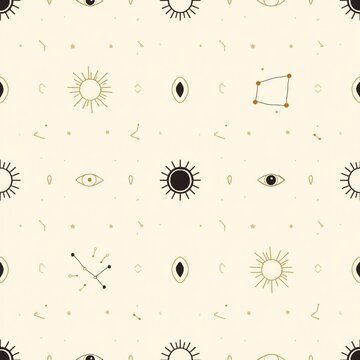 Celestial esoteric suns eyes and constellations seamless pattern illustration
