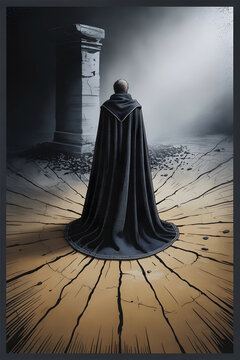 Mysterious cloaked figure standing beside a stone column