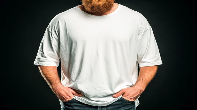 A man with a red beard wearing a plain white t-shirt and jeans stands with hands in pockets against a dark background.