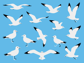 Obraz premium Flat Vector Illustration Set of Seagulls Flying and Standing