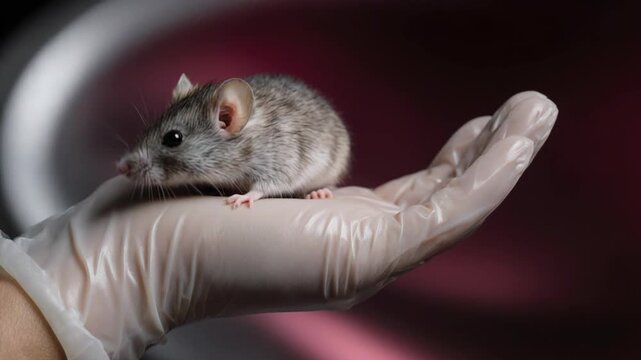 Small grey laboratory mouse sitting on a gloved hand. Scientist holding a rodent for medical research and testing. Biotechnology and scientific experiment concept