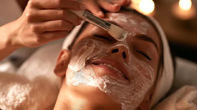 Female professional aesthetic doctor applying a nourishing facial mask to a female patient during a skincare treatment, modern cosmetology clinic, dermatologist procedure, face care, wellness and beau